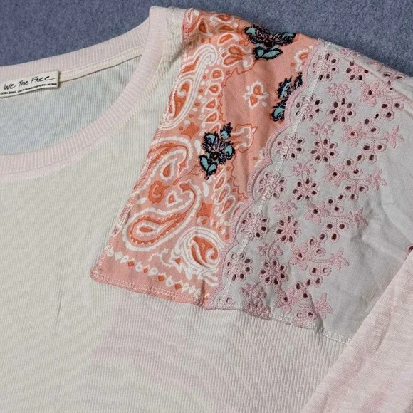 Free People Feelin It Ribbed Shirt Size XS Oversized Pink Alabaster Boho Bandana - Picture 2 of 9